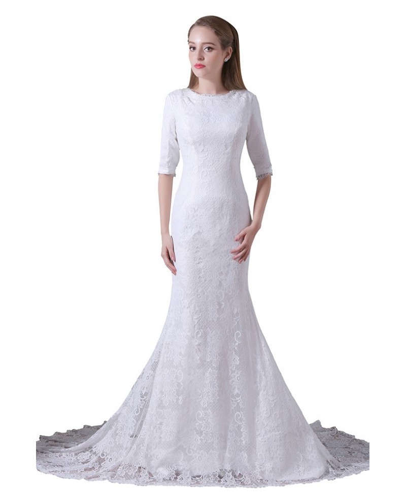 Mermaid Scoop Neck Sweep Train Lace Wedding Dress With Sleeves