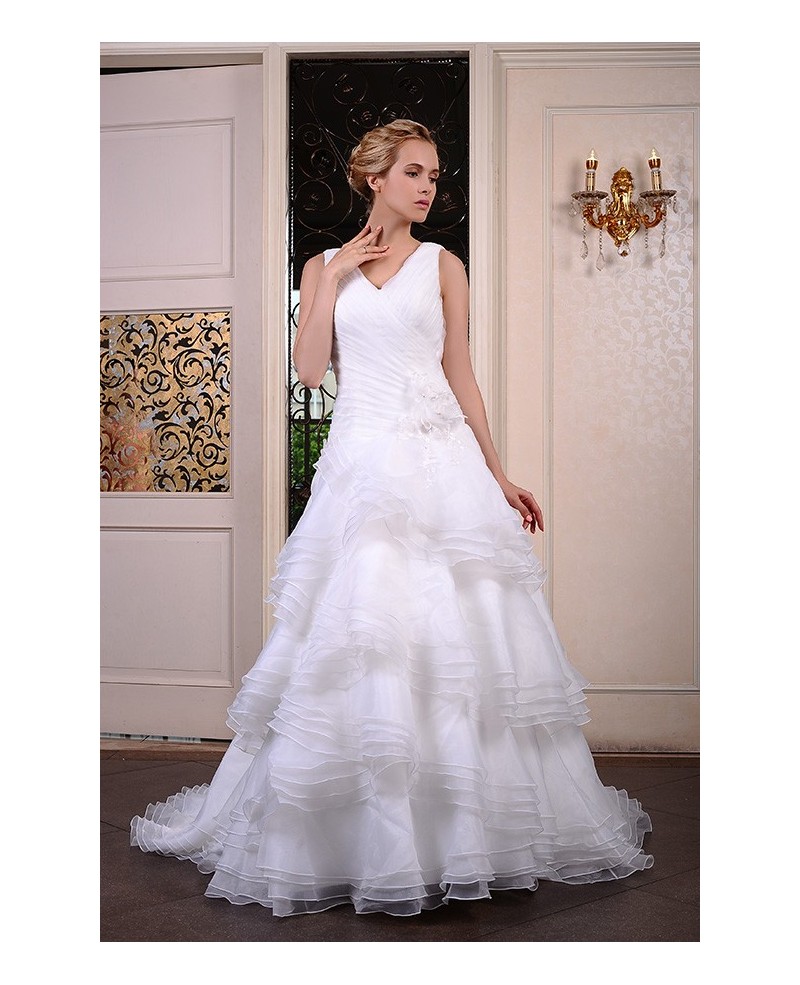 Ball-Gown V-neck Court Train Organza Wedding Dress With Flowers Pleated Ruffles