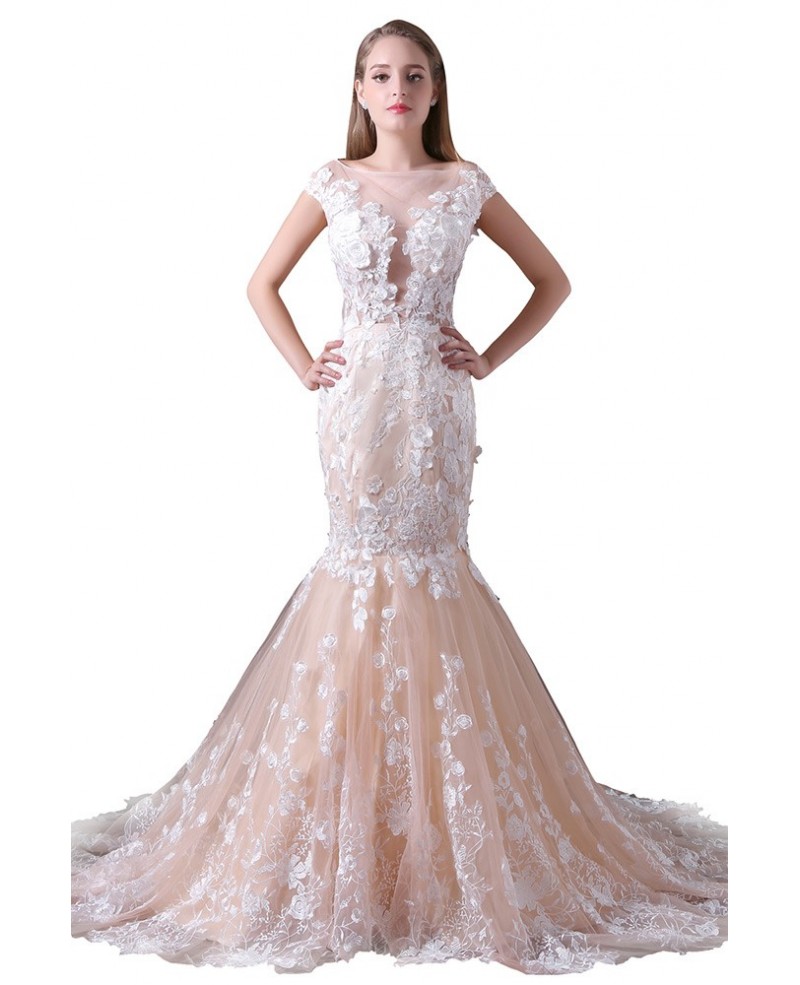 Mermaid Scoop Neck Court Train Tulle Wedding Dress With Appliques Lace