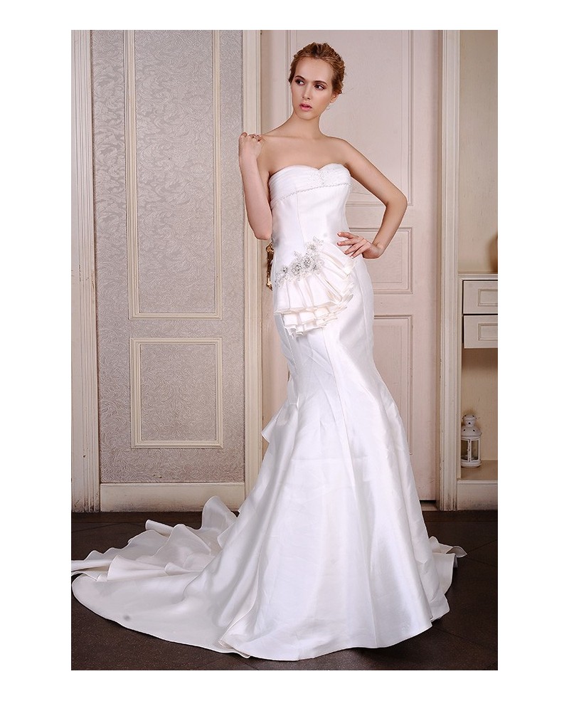 Mermaid Sweetheart Court Train Satin Wedding Dress With Beading Pleated