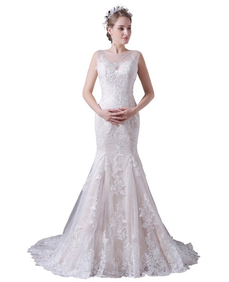 Mermaid Scoop Neck Sweep Train Tulle Wedding Dress With Lace