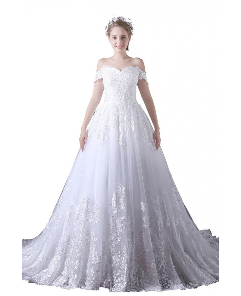 Ball-gown Off-the-shoulder Court Train Tulle Wedding Dress With Lace - Click Image to Close