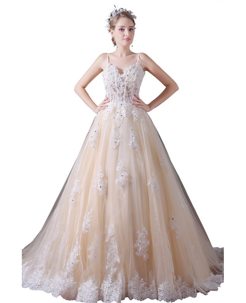 Ball-gown V-neck Court Train Tulle Wedding Dress With Beading