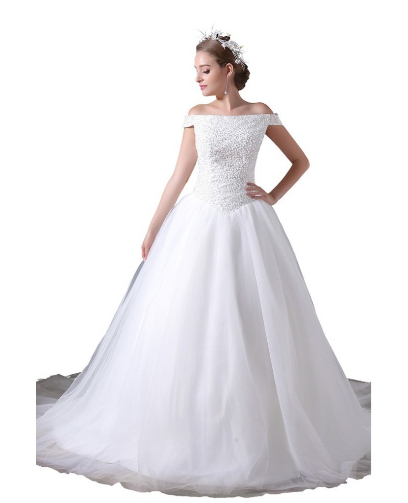 Ball-gown Off-the-shoulder Court Train Tulle Wedding Dress With Beading - Click Image to Close