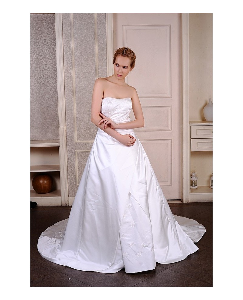 Ball-Gown Strapless Court Train Satin Wedding Dress With Beading