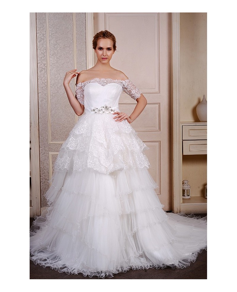 Ball-Gown Off-the-Shoulder Court Train Tulle Wedding Dress With Beading Appliques Lace Ruffles