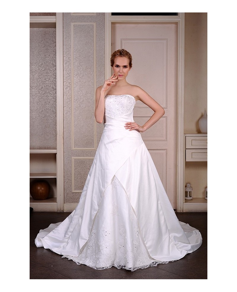 Ball-Gown Strapless Chapel Train Satin Wedding Dress With Beading Appliques Lace