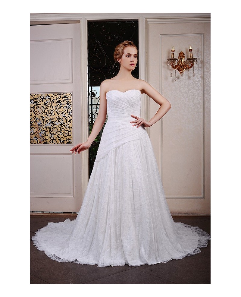 Ball-Gown Sweetheart Chapel Train Lace Wedding Dress With Pleated