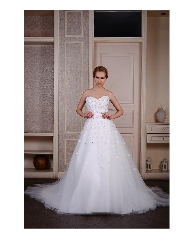 Ball-Gown Sweetheart Court Train Tulle Wedding Dress With Beading Bow