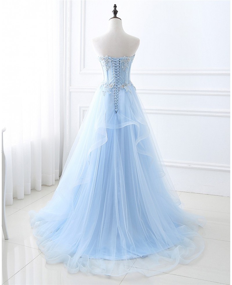 Blue Beaded Lace and Tulle Long Formal Dress