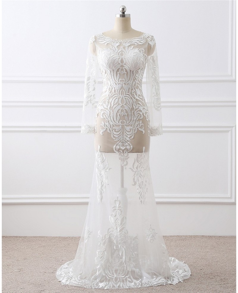 Sexy See-through Embroidery Long Sleeve White Formal Dress - Click Image to Close