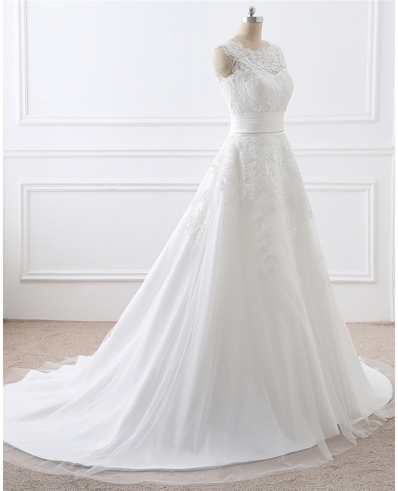 Lace and Tulle Sleeveless White Wedding Dress Two Wearing Styles - Click Image to Close