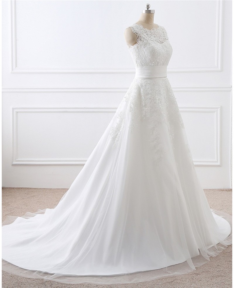 Lace and Tulle Sleeveless White Wedding Dress Two Wearing Styles