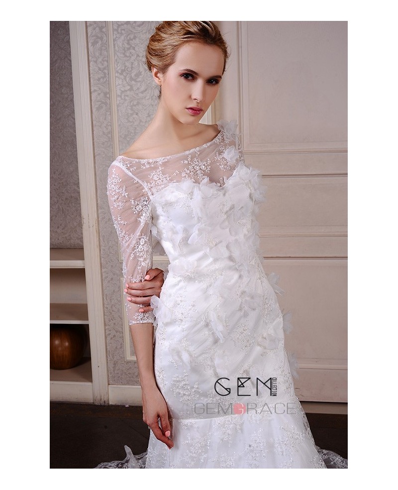 Mermaid Scoop Neck Sweep Train Lace Wedding Dress With Beading Flowers