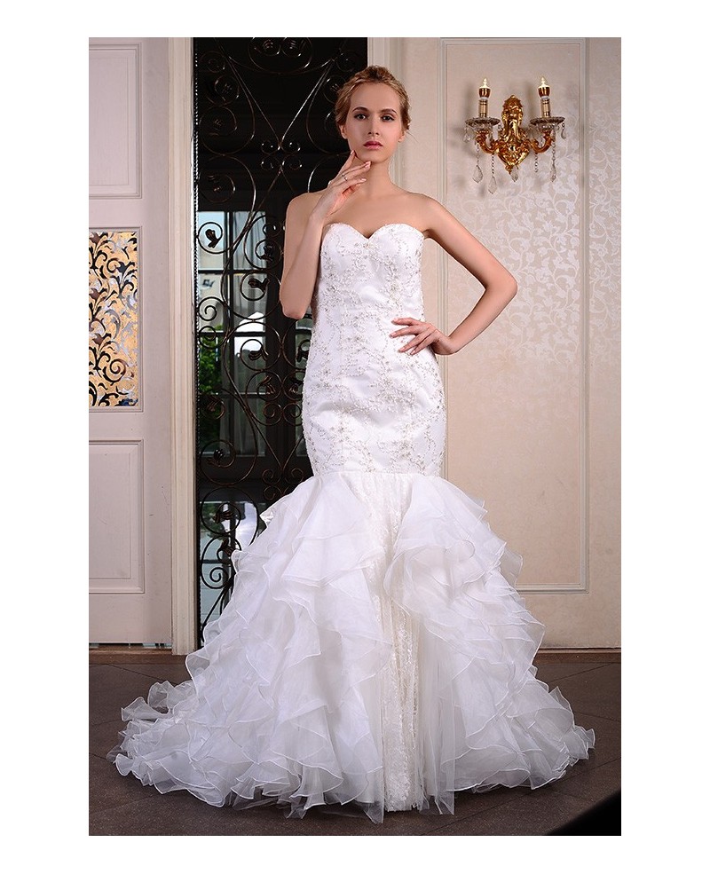 Mermaid Sweetheart Court Train Lace Organza Wedding Dress With Beading - Click Image to Close