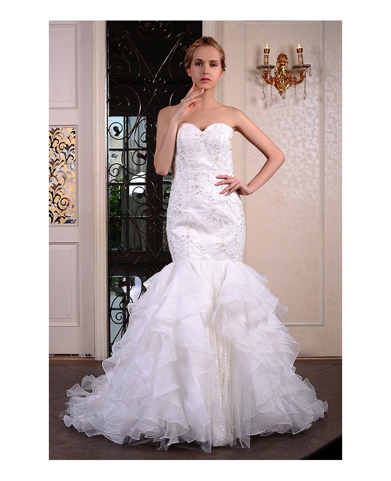 Mermaid Sweetheart Court Train Lace Organza Wedding Dress With Beading