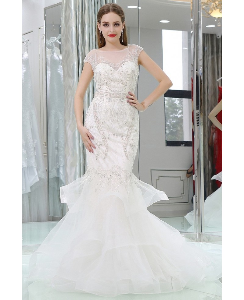 White Mermaid Beaded Tulle Formal Dress With Sheer Back