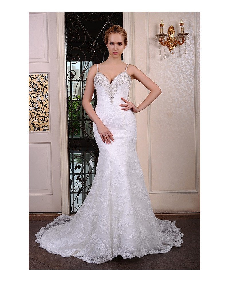 Mermaid V-neck Court Train Lace Wedding Dress With Beading