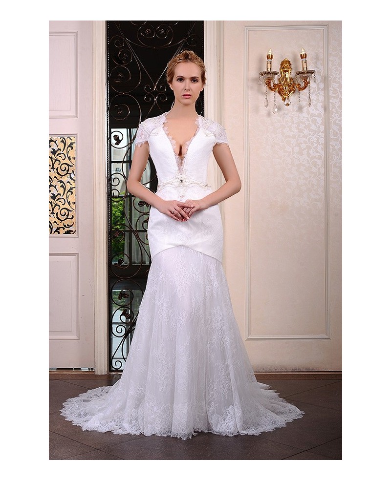 Mermaid V-neck Sweep Train Satin Lace Wedding Dress With Beading