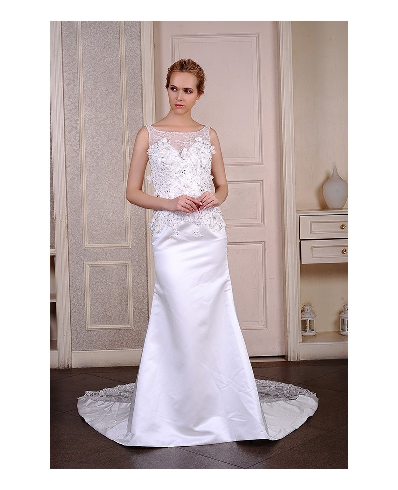 Mermaid Scoop Neck Sweep Train Satin Wedding Dress With Beading Appliques Lace Flowers