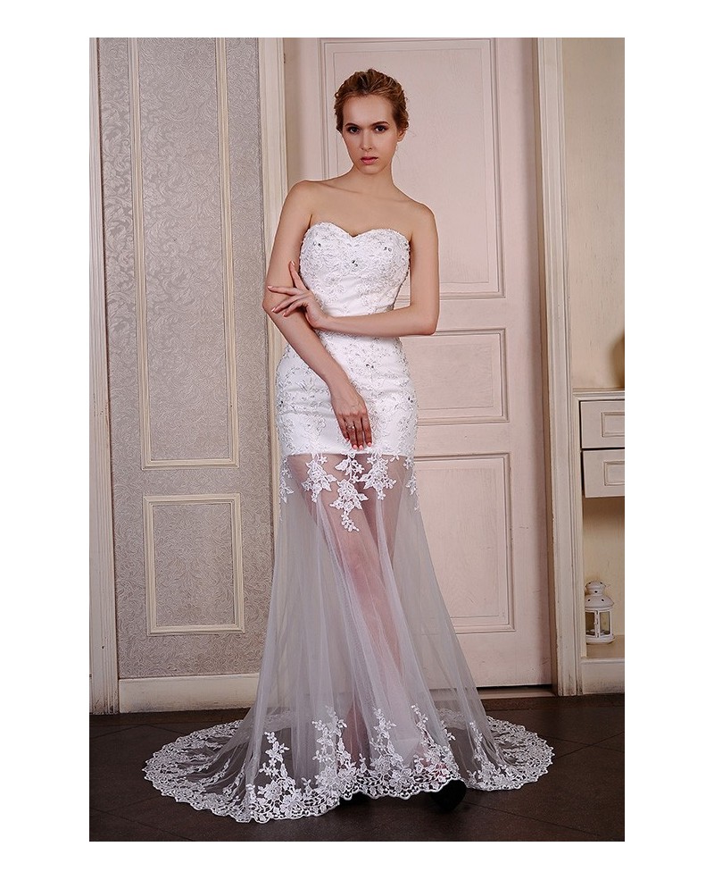 Sheath Sweetheart Sweep Train Tulle Wedding Dress With Beading Appliques Lace - Click Image to Close