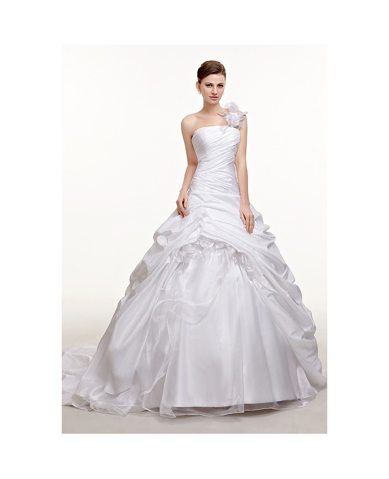One Shoulder Ruffled Ballgown Taffeta Wedding Dress Train Length