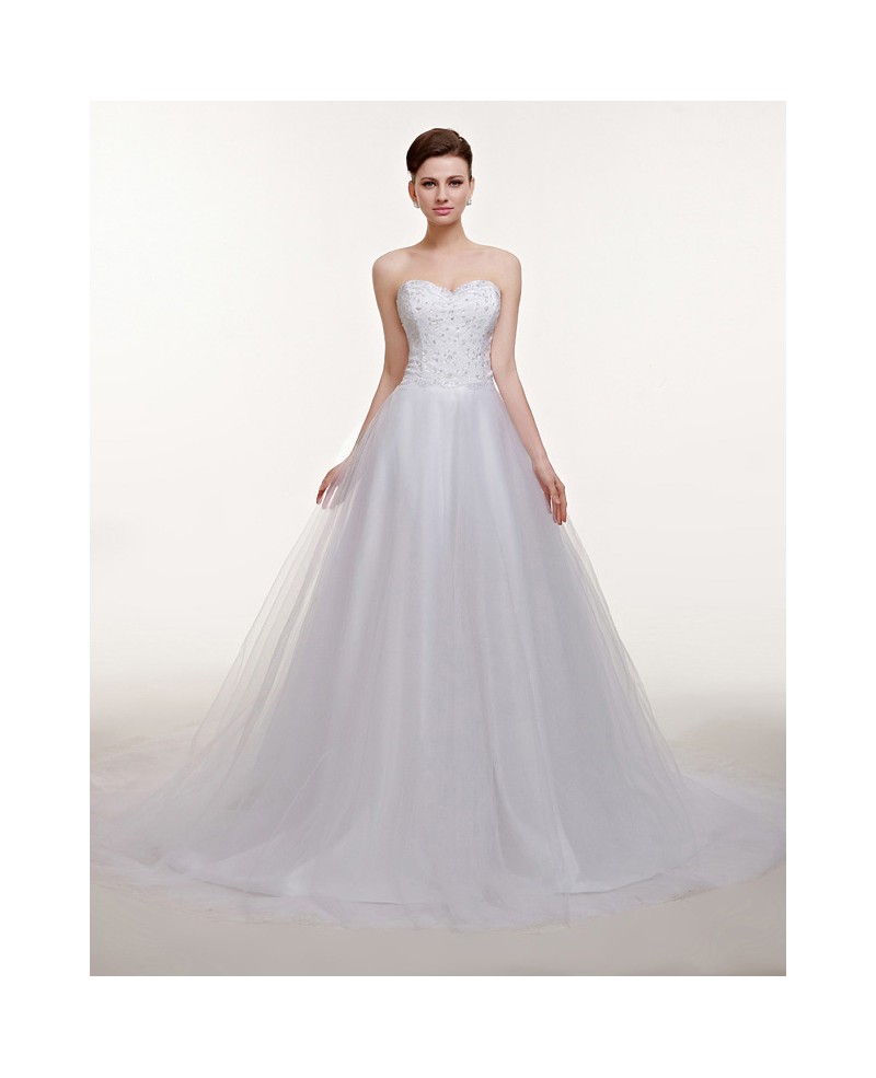 Sequined Lace Top Sweetheart Empire Tulle Wedding Dress Long Train