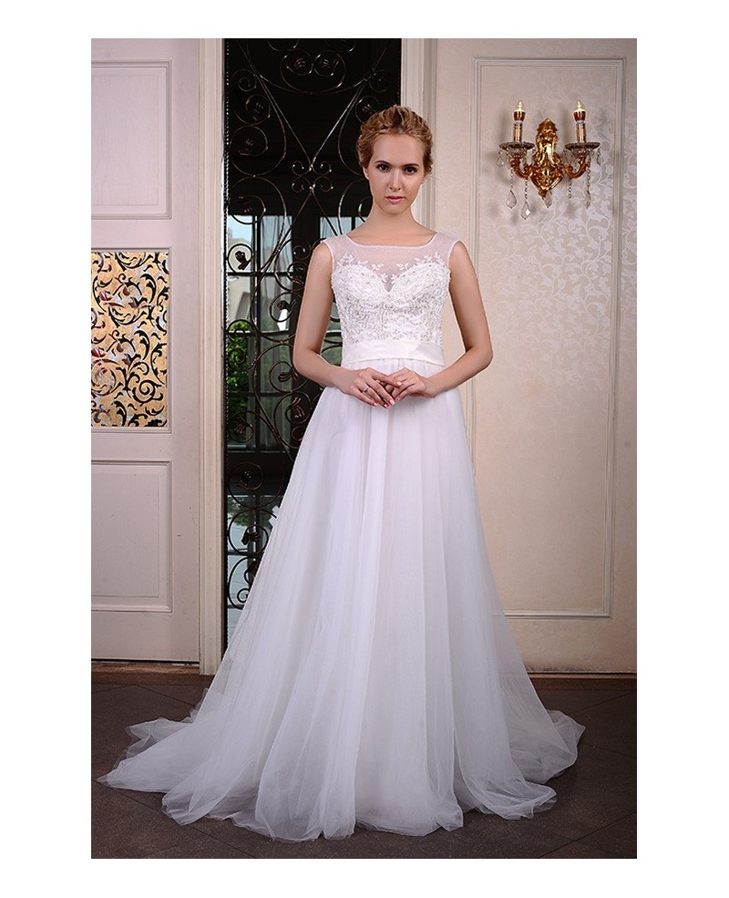 A-Line Scoop Neck Court Train Organza Wedding Dress With Beading Appliques Lace