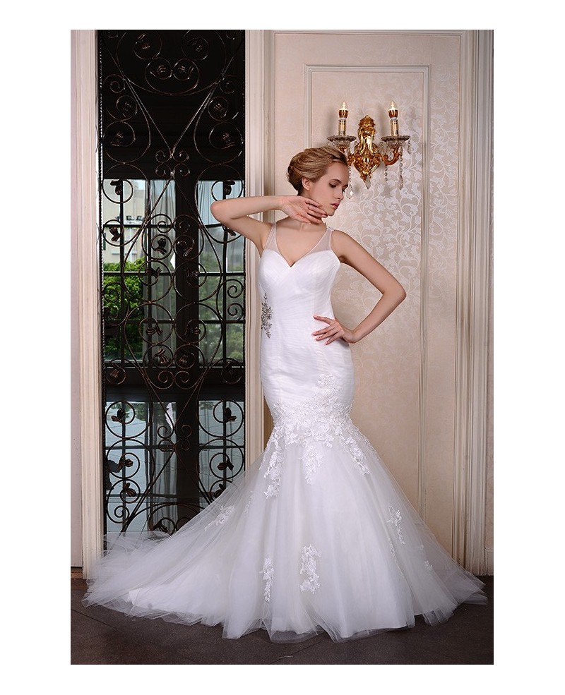 Mermaid V-neck Court Train Organza Wedding Dress With Beading Appliques Lace - Click Image to Close