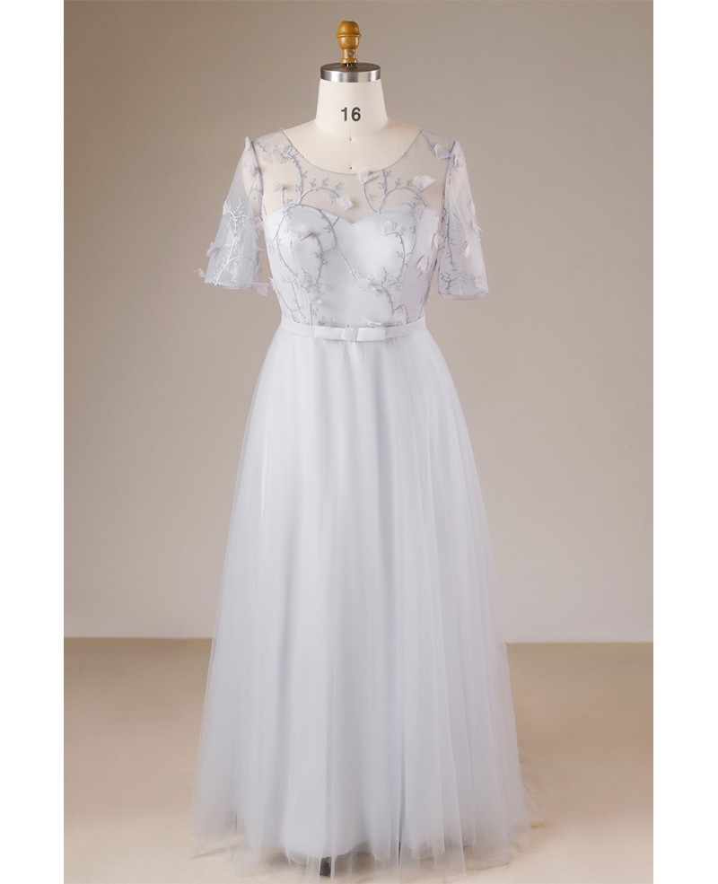 Modest Dusty Grey Plus Size Long Tulle Formal Dress With Sheer Sleeves - Click Image to Close