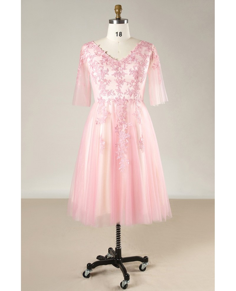 Plus Size Pink Lace And Tulle Short Formal Occasion Dress With Short Sleeves
