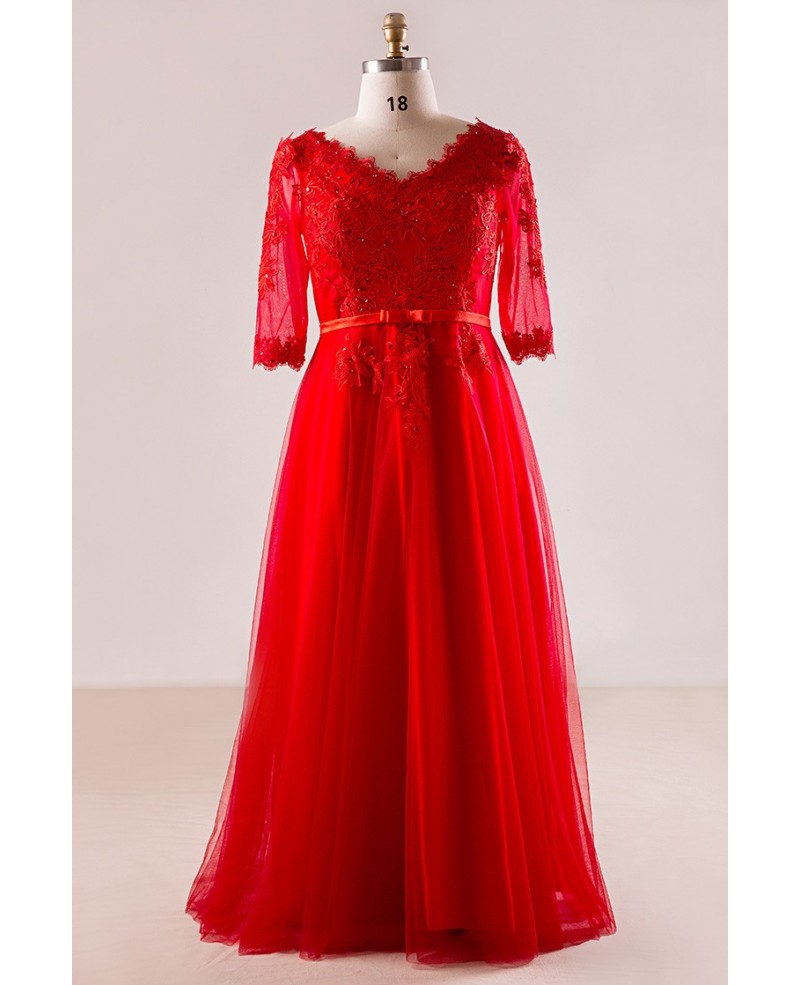 Plus Size Red Lace And Tulle Long Formal Occasion Dress With Half Sleeves - Click Image to Close