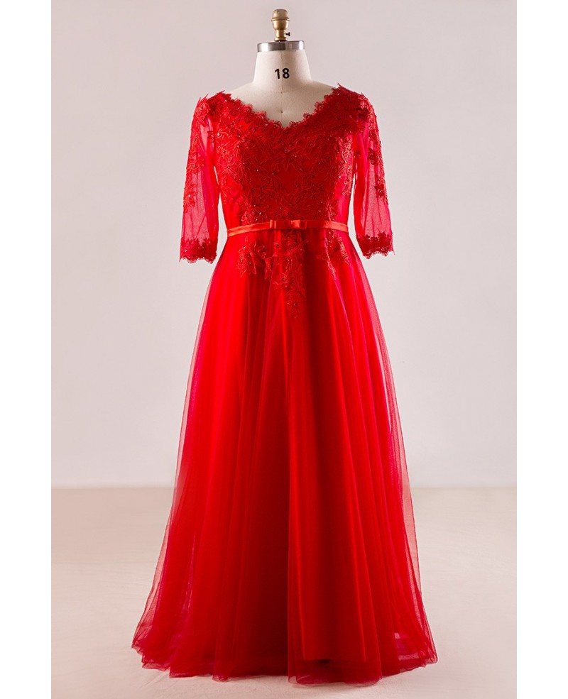 Plus Size Red Lace And Tulle Long Formal Occasion Dress With Half Sleeves