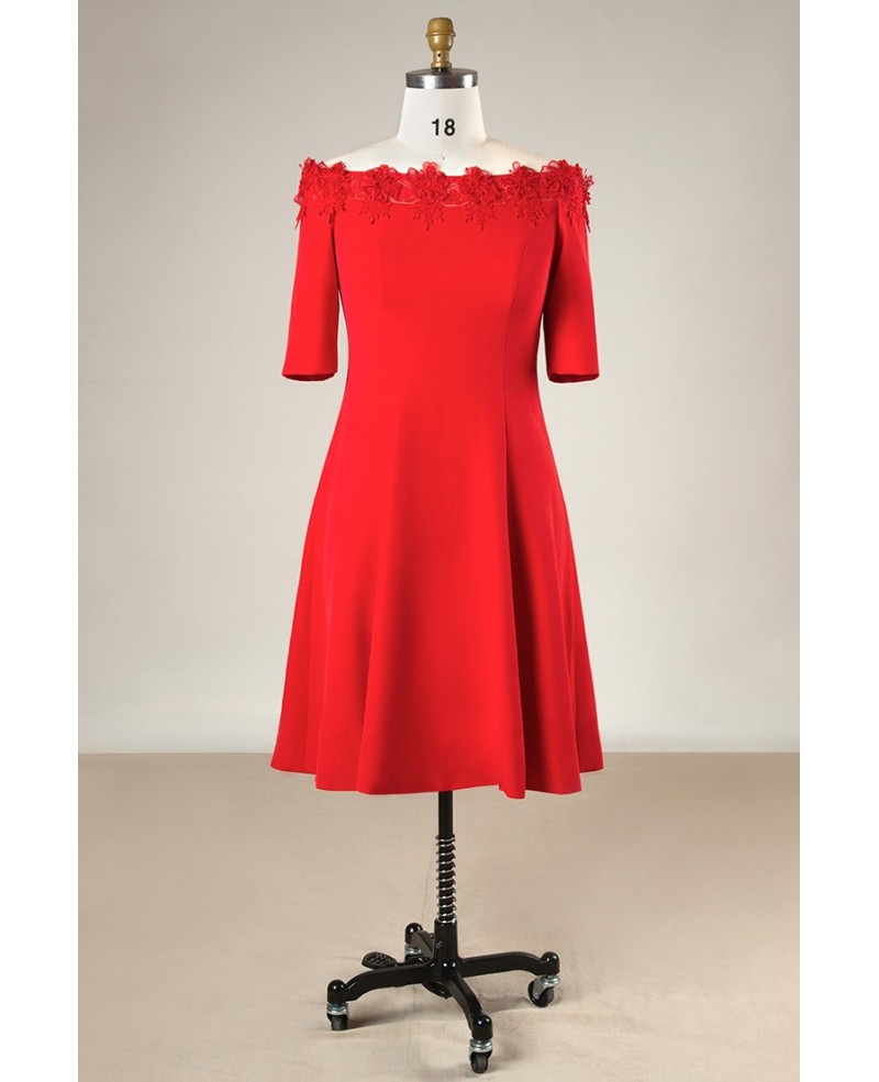 Lace Off Shoulder Red Knee Length Formal Dress For Plus Size Women