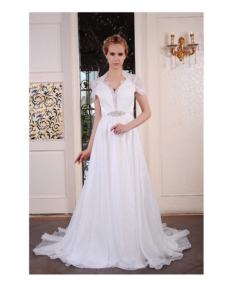 A-Line V-neck Sweep Train Organza Wedding Dress With Beading Appliques Lace