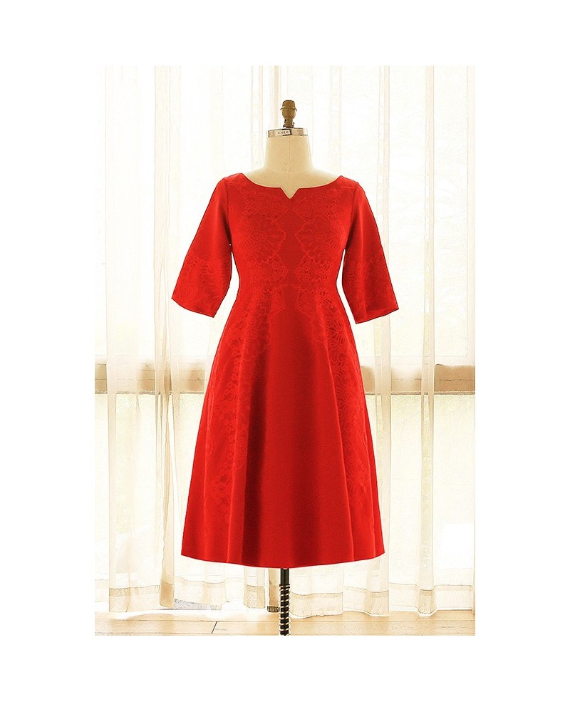 Plus Size Red Lace Short Occasion Party Dress With Half Sleeves - Click Image to Close