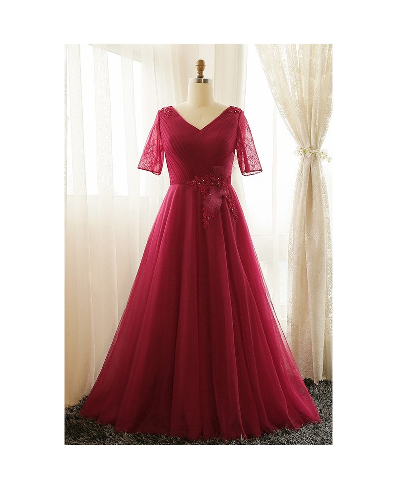 Plus Size Burgundy Long Tulle Formal Party Dress With Short Sleeves - Click Image to Close