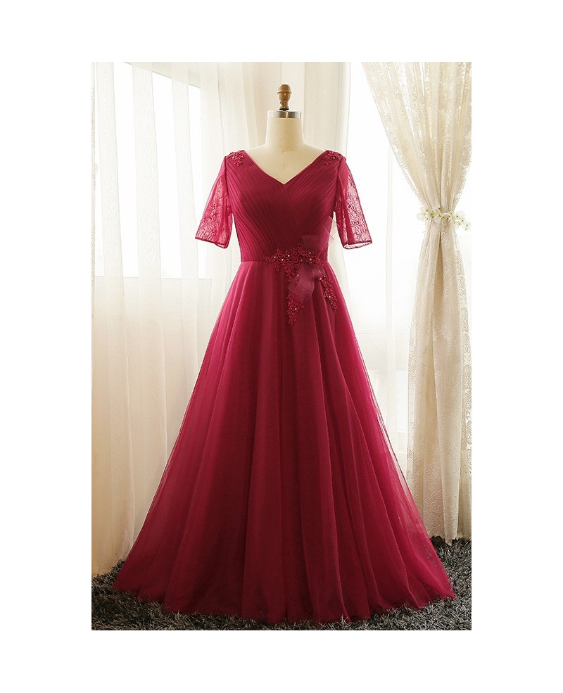 Plus Size Burgundy Long Tulle Formal Party Dress With Short Sleeves