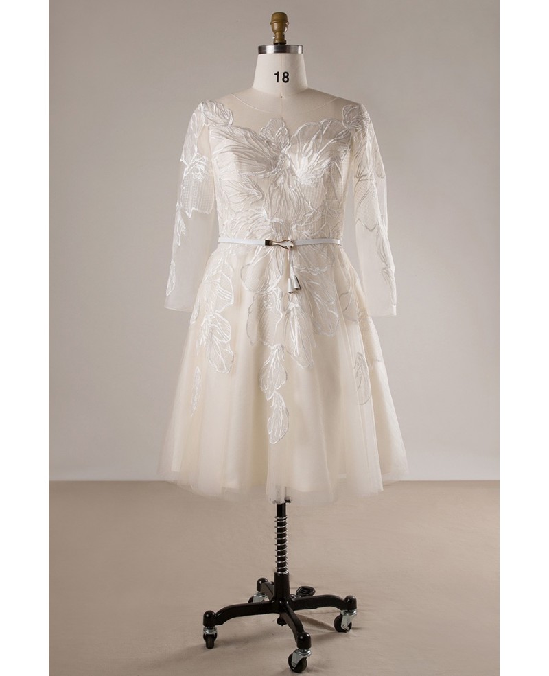Plus Size Unique Lace Champagne 3/4 Sleeve Short Bridal Wedding Dress