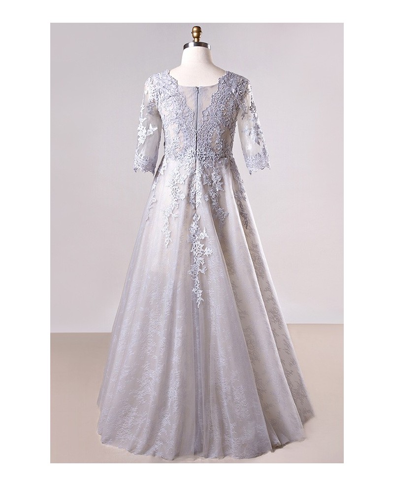 Plus Size Grey Long Lace Formal Dress With Lace Sleeves - Click Image to Close