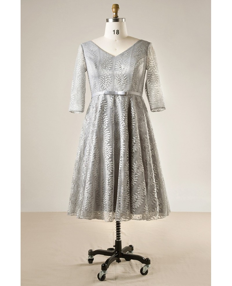 Plus Size Elegant Dusty Grey Lace Short Formal Party Dress With Sleeves - Click Image to Close
