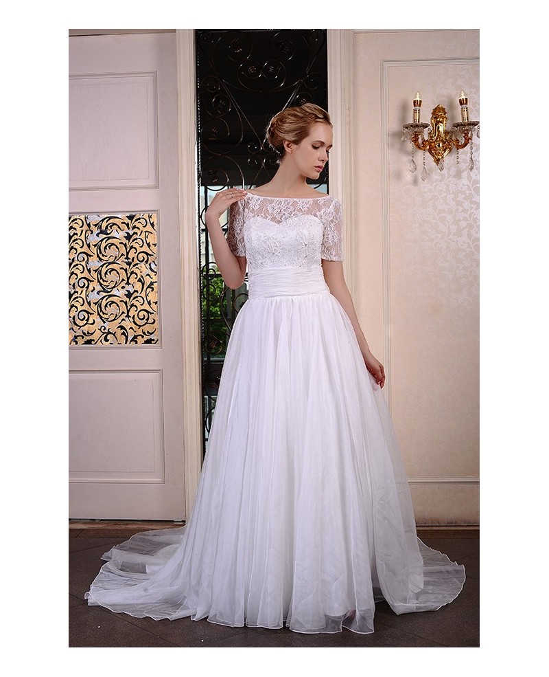 A-Line Off-the-Shoulder Court Train Tulle Wedding Dress With Beading Appliques Lace