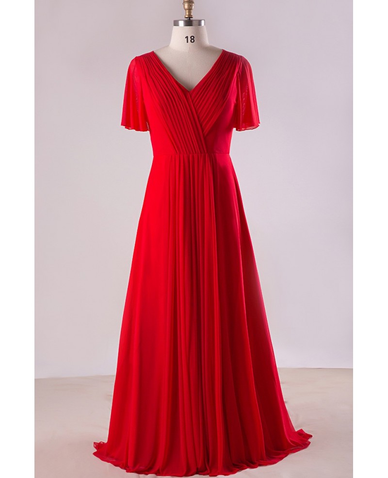 Plus Size Flowing Red Chiffon Sweep Train Long Formal Bridal Party Dress