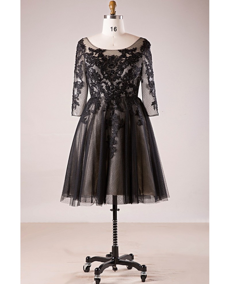 Plus Size 3/4 Lace Sleeve Little Black Short Formal Dress - Click Image to Close