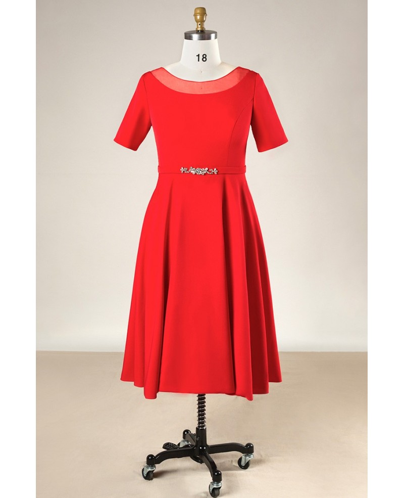 Plus Size Simple Short Red Formal Bridal Party Dress With Sleeves - Click Image to Close