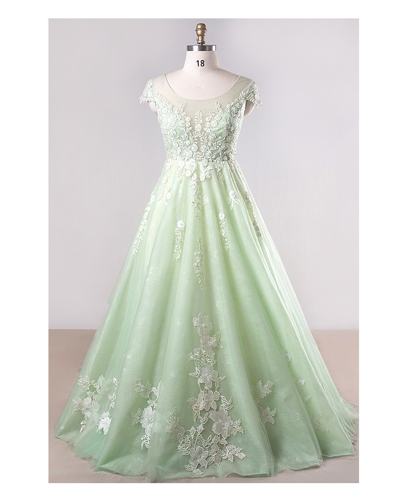 Plus Size Mint Green Lace Tulle Cap Sleeve Long Formal Party Dress - Click Image to Close