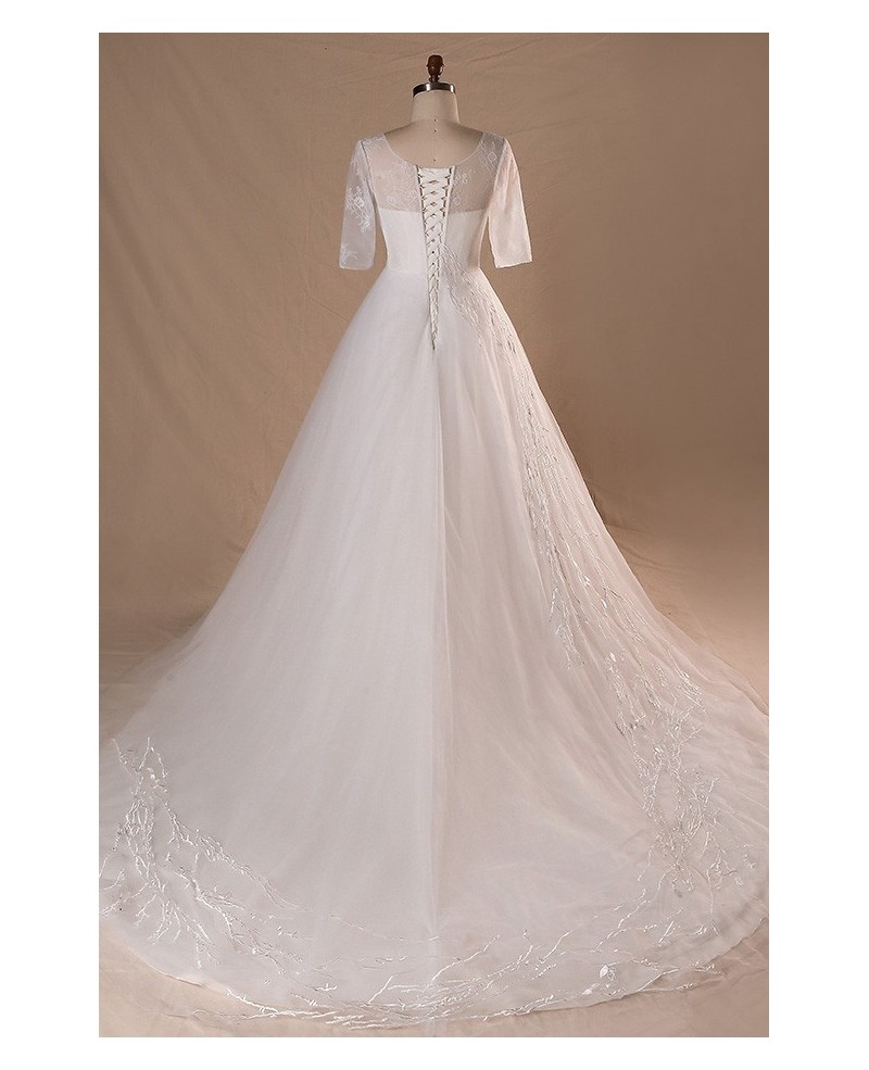 Modest V-neck And Short Sleeve Long White Plus Size Wedding Dress With Sleeves