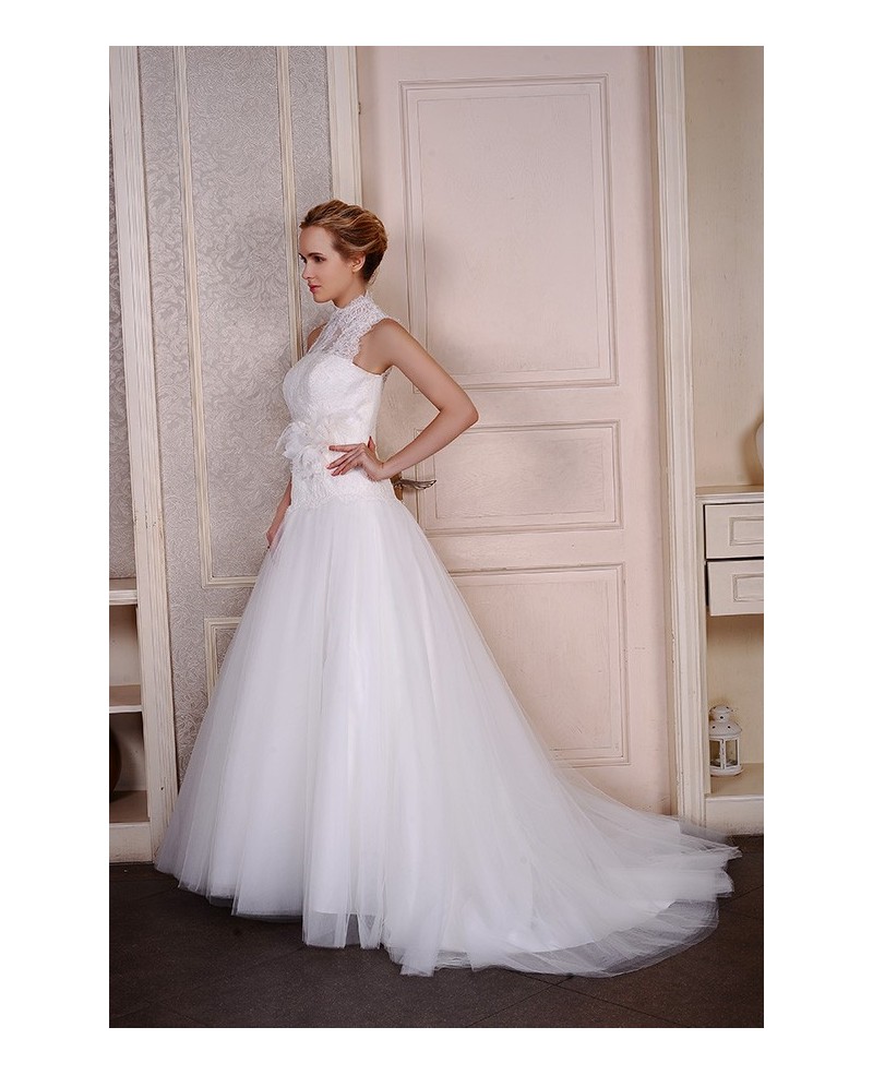 Ball-Gown High Neck Court Train Tulle Wedding Dress With Appliques Lace Flowers - Click Image to Close