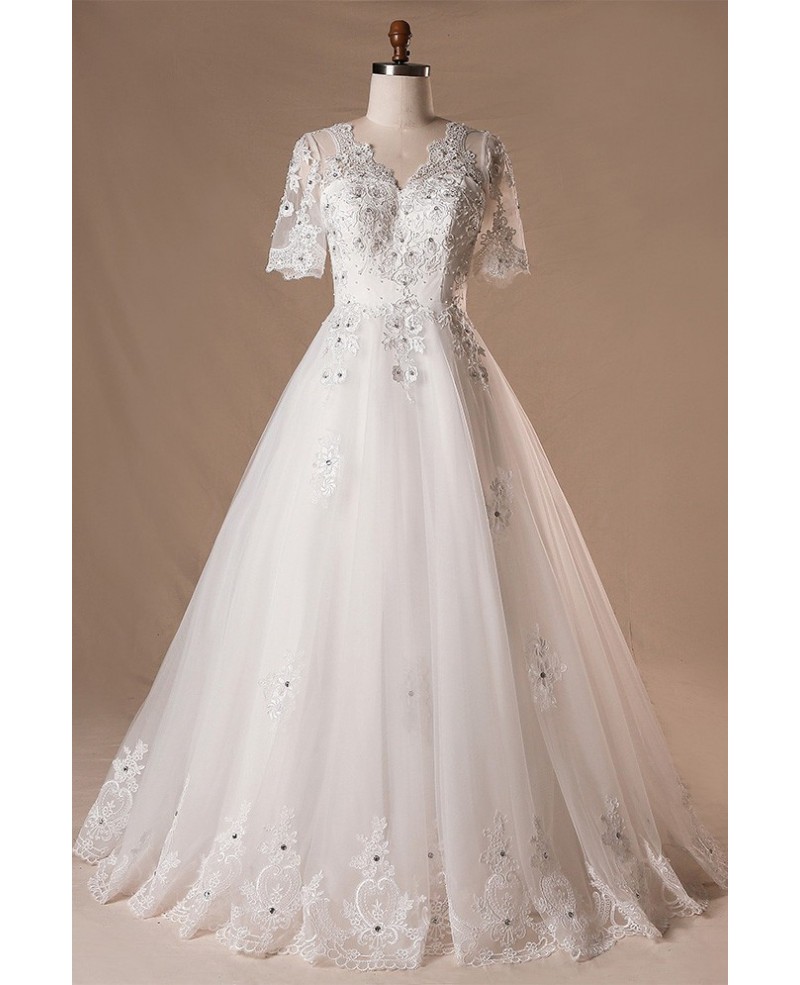 Plus Size Beaded Lace Tulle Wedding Dress With Short Sleeves - Click Image to Close