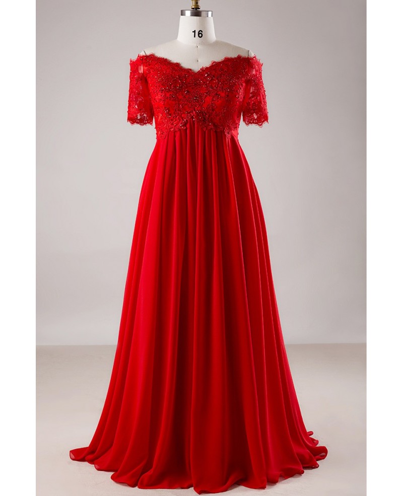 Plus Size Red Sequin Lace Off Shoulder Empire Long Formal Dress With Sleeves